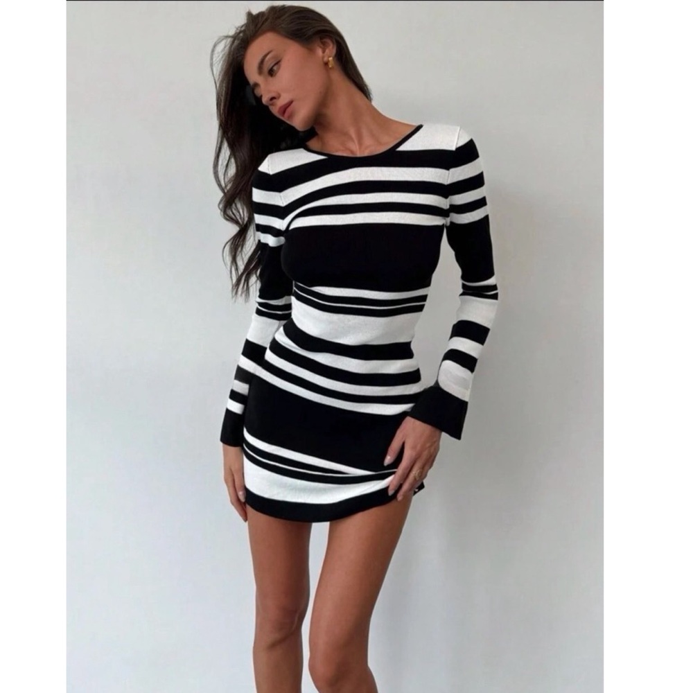 Striped Fitted Knitted Mini Sweater Dress